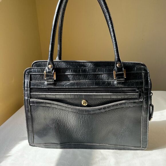 Vintage Cornell Vegan Leather Handbag Black Structured Satchel Gold Hardware - Picture 1 of 9